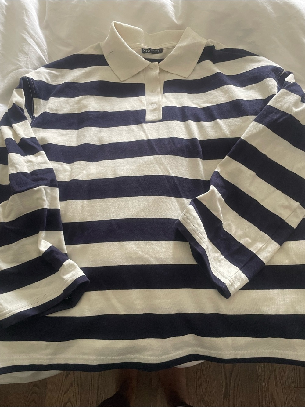 Zara women’s Navy and White Striped Rugby Polo top